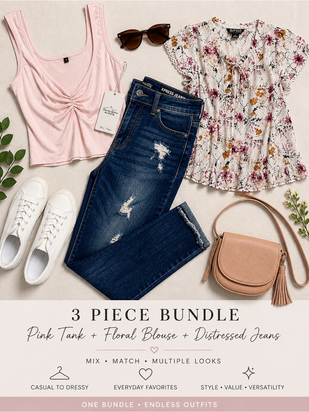 3-Piece Casual Bundle — Pink Tank, Floral Blouse & Distressed Dark Jeans
